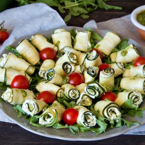 Zucchini Rolls Stuffed with Ricotta & Pesto Sauce