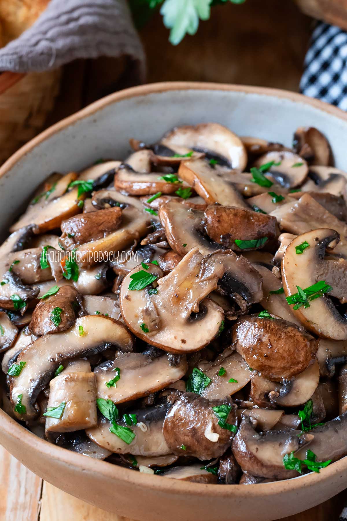 sauteed mushrooms in a bowl close up