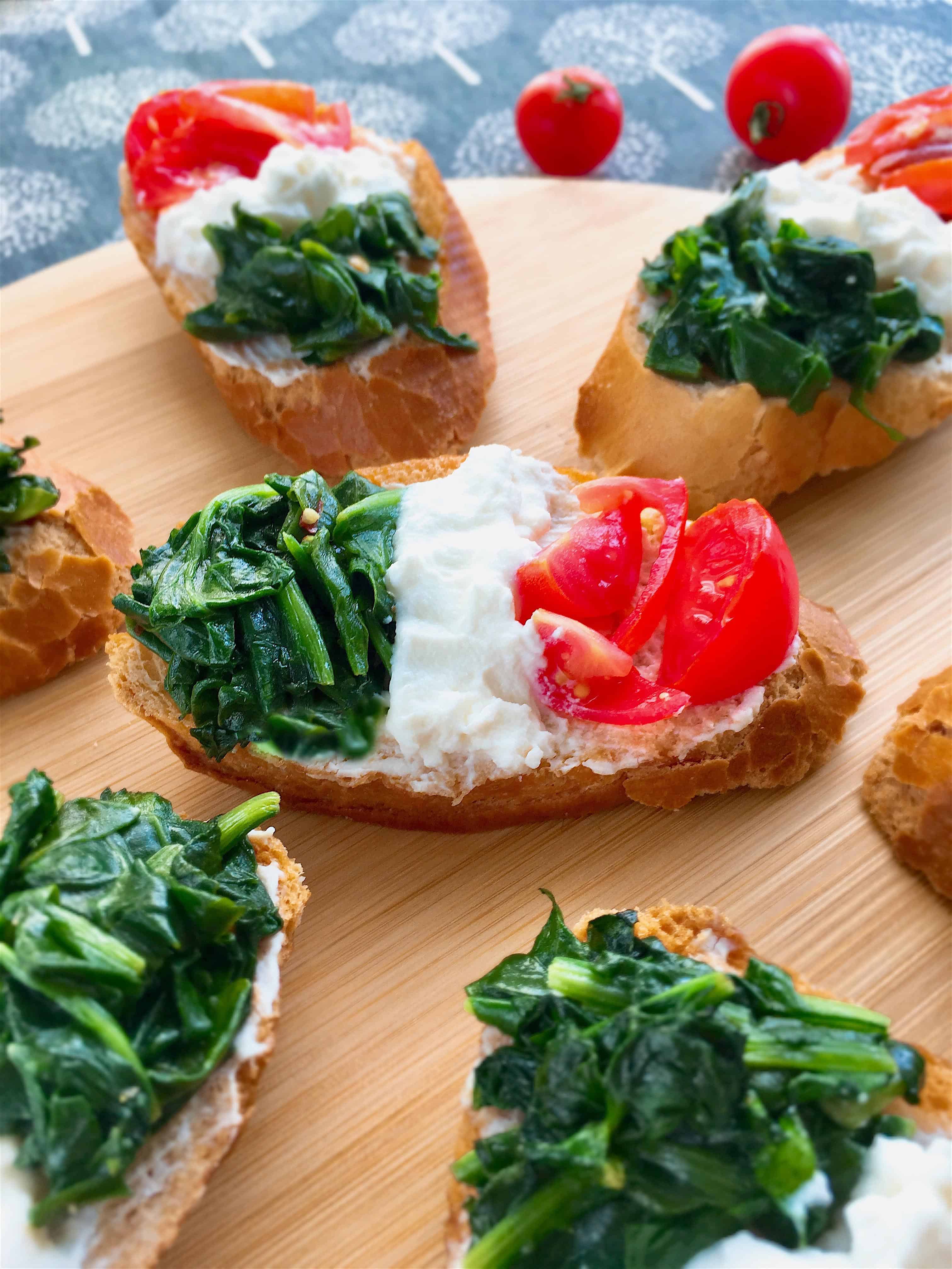 Tricolor Crostini with Spinach, Ricotta & Cherry Tomatoes Italian