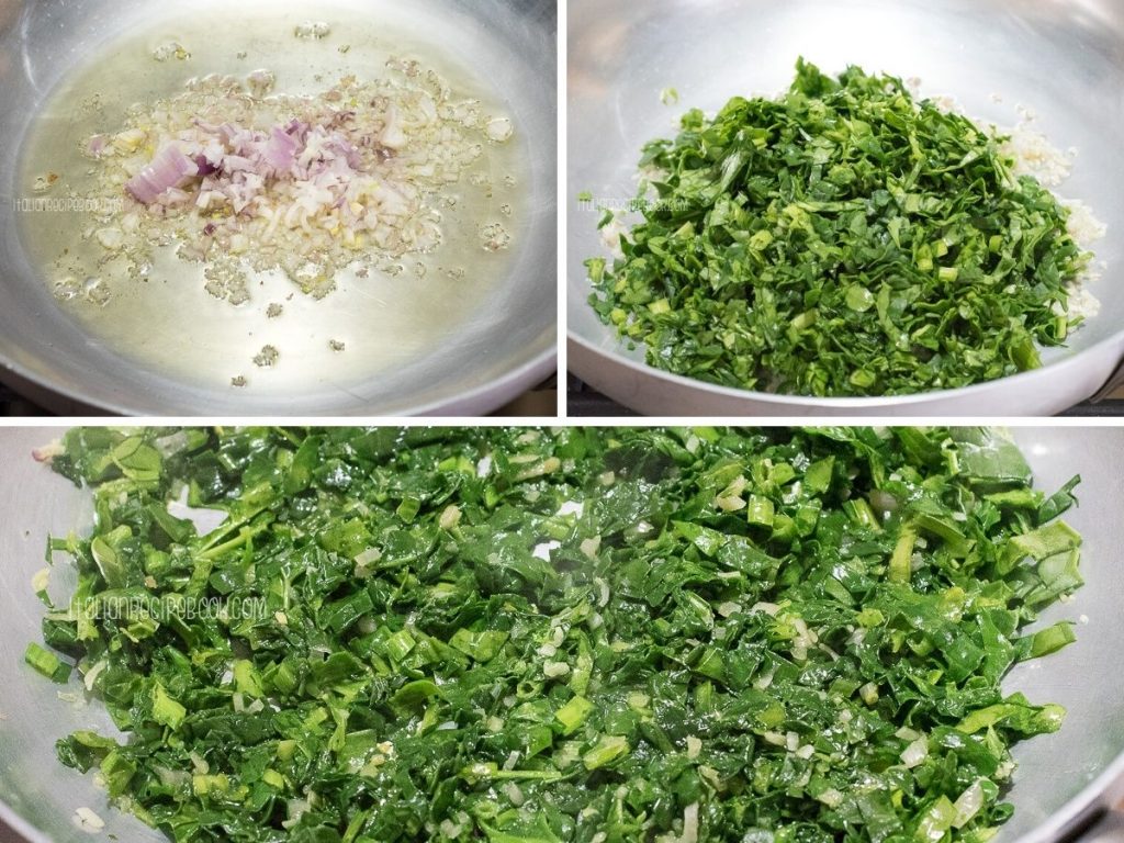 sautee onion and spinach in olive oil