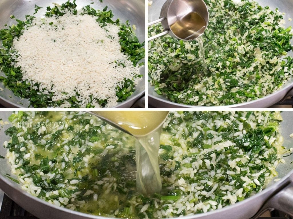 add rice, white wine and broth