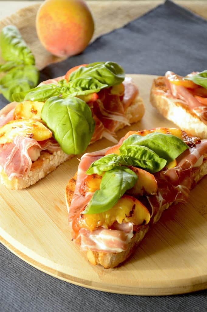 Summer Perfect Bruschetta w/Mozzarella, Prosciutto and Grilled Peaches