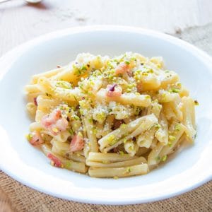 Casarecce Pasta with Smoked Pancetta & Pistachios
