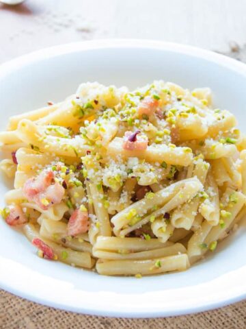 Casarecce Pasta with Smoked Pancetta & Pistachios
