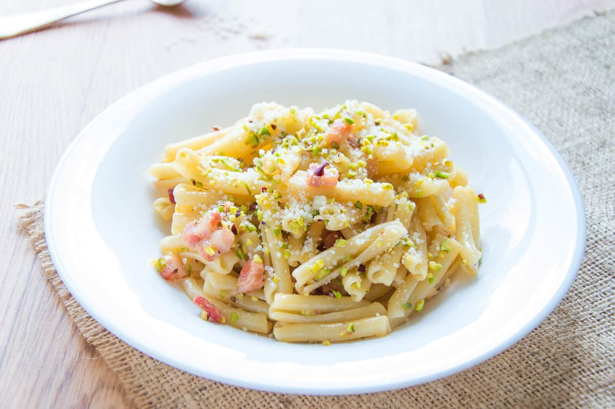 Casarecce Pasta with Smoked Pancetta & Pistachios