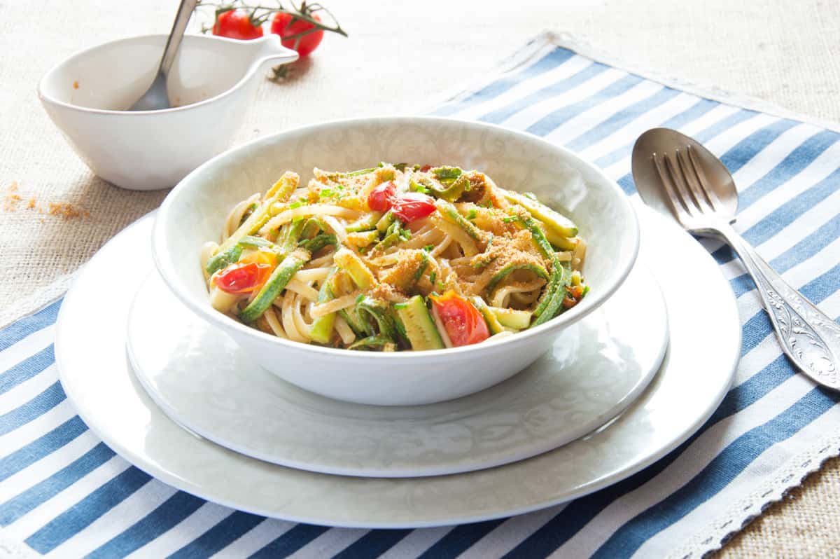 Linguine with Baby Zucchine, Cherry Tomatoes and Bottarga