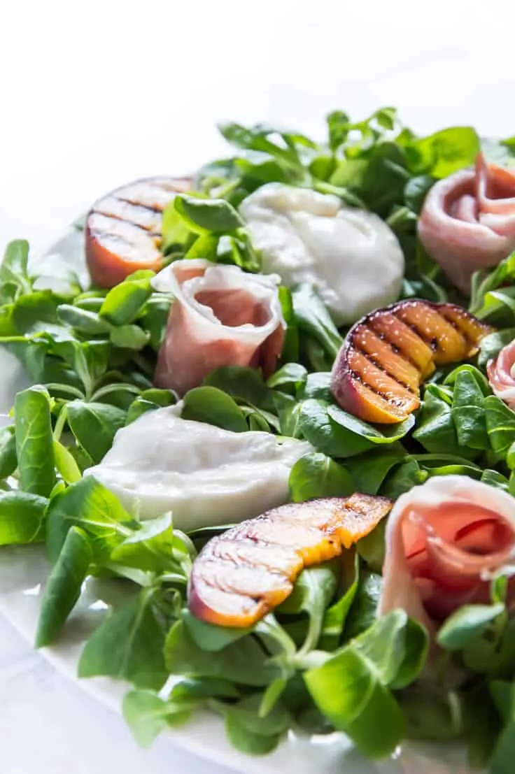 Prosciutto, Grilled Peach & and Creamy Burrata Salad - A fit-for-a-king kind of meal!!