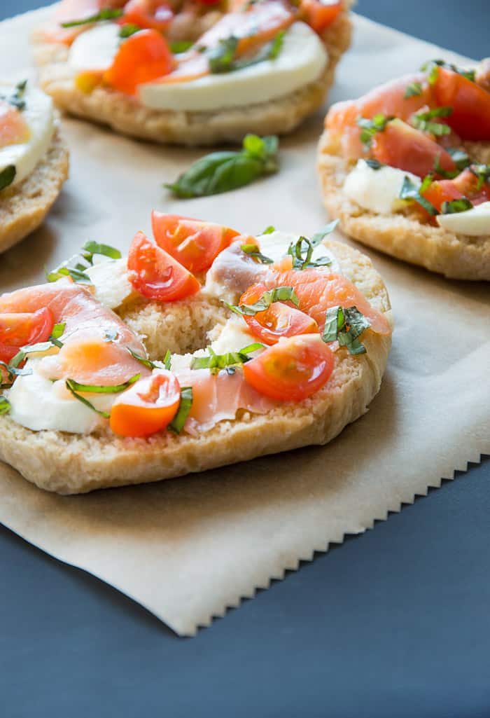 Friselle Pugliesi - Italian Bread Topped with Smoked Salmon, Mozzarella & Cherry Tomatoes