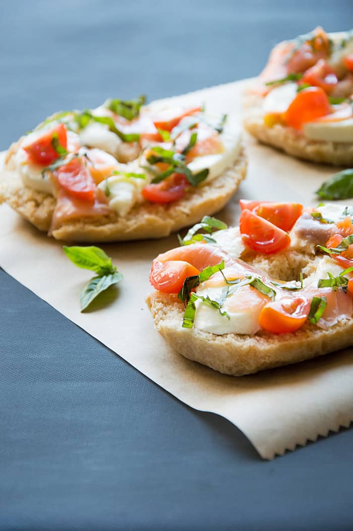 Friselle Pugliesi - Italian Bread Topped with Smoked Salmon, Mozzarella & Cherry Tomatoes