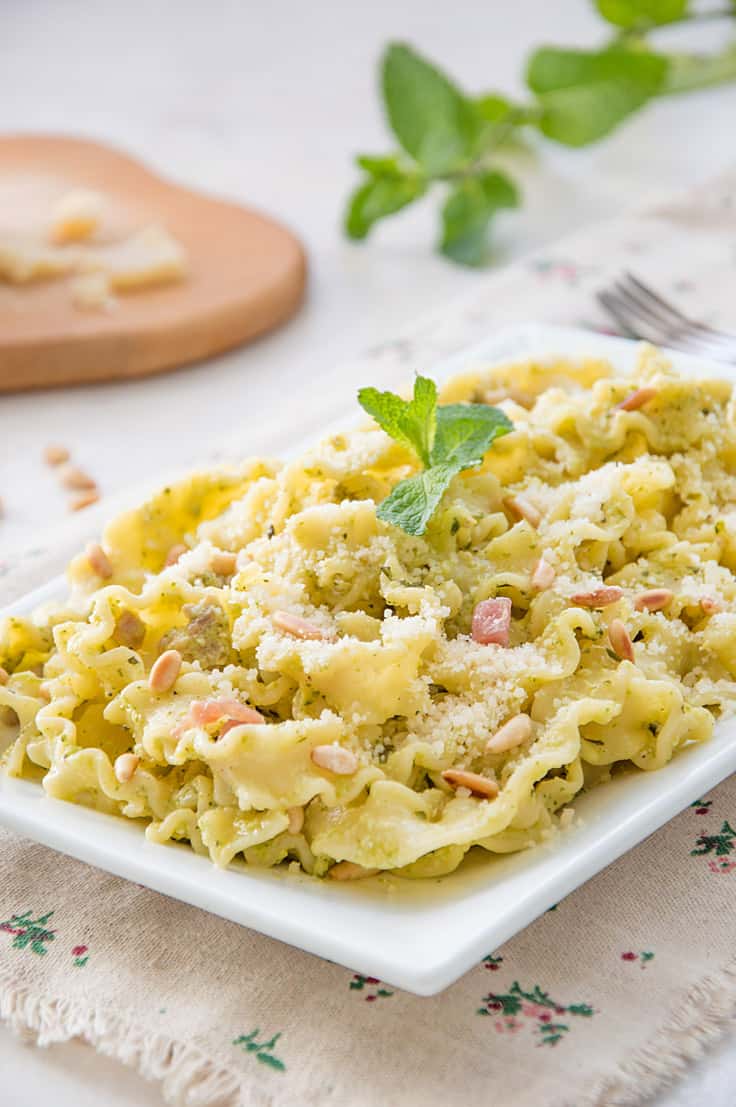 Mafaldine with Zucchini Mint Pesto and Pancetta - Delicious!