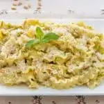 Mafaldine with Zucchini Mint Pesto & Pancetta