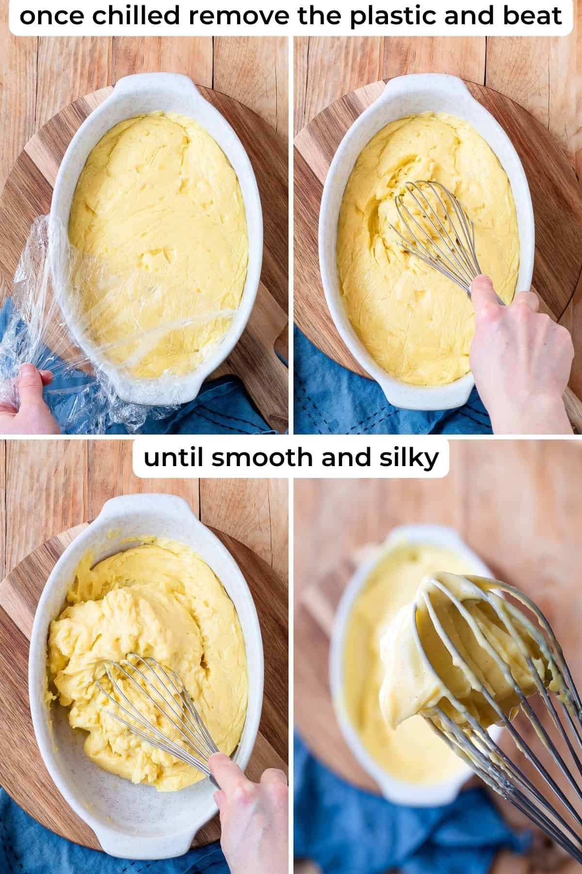 Beating chilled pastry cream with a whisk.