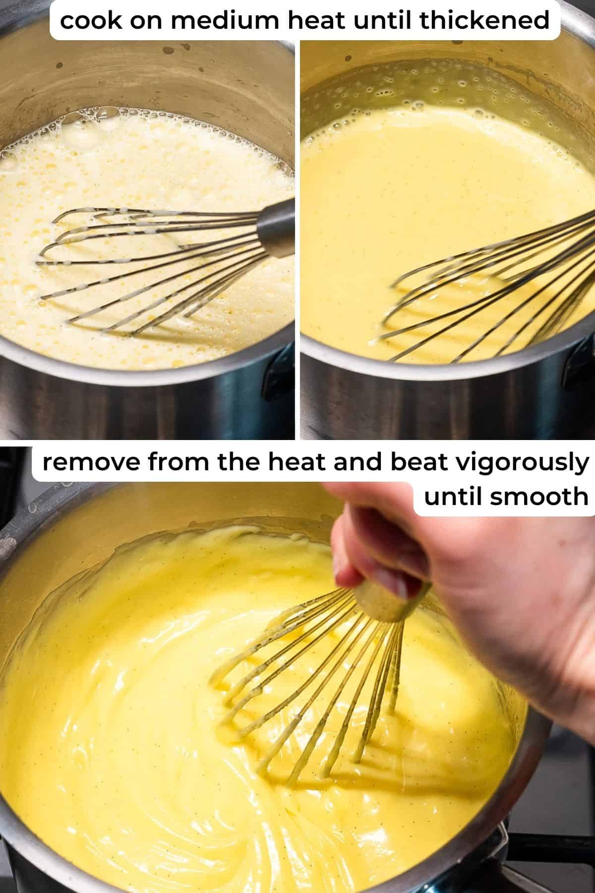 Cooking pastry cream on stove top.