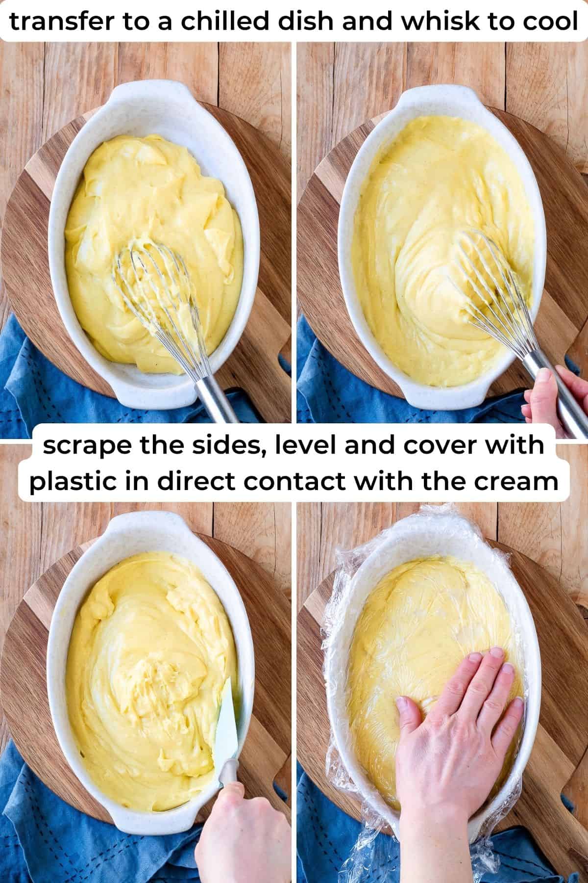 Arranging pastry cream in a chilled dish to cool.