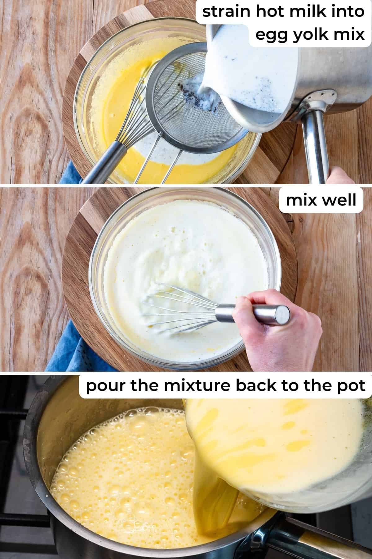 Mixing egg yolk mixture with hot milk.