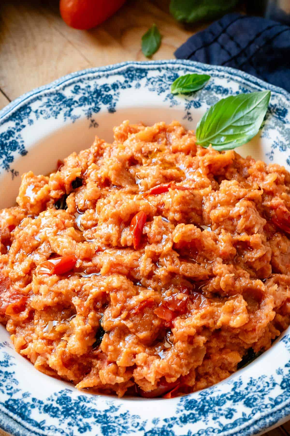 Hearty Tuscan bread and tomato soup in a bowl.