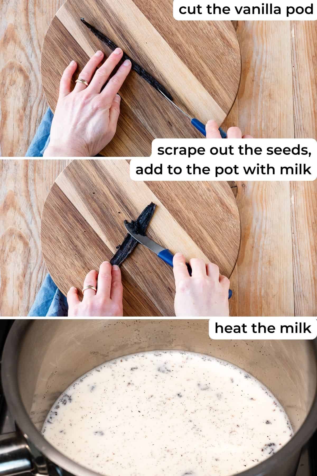 Opening vanilla pod and adding it to the pot with milk.