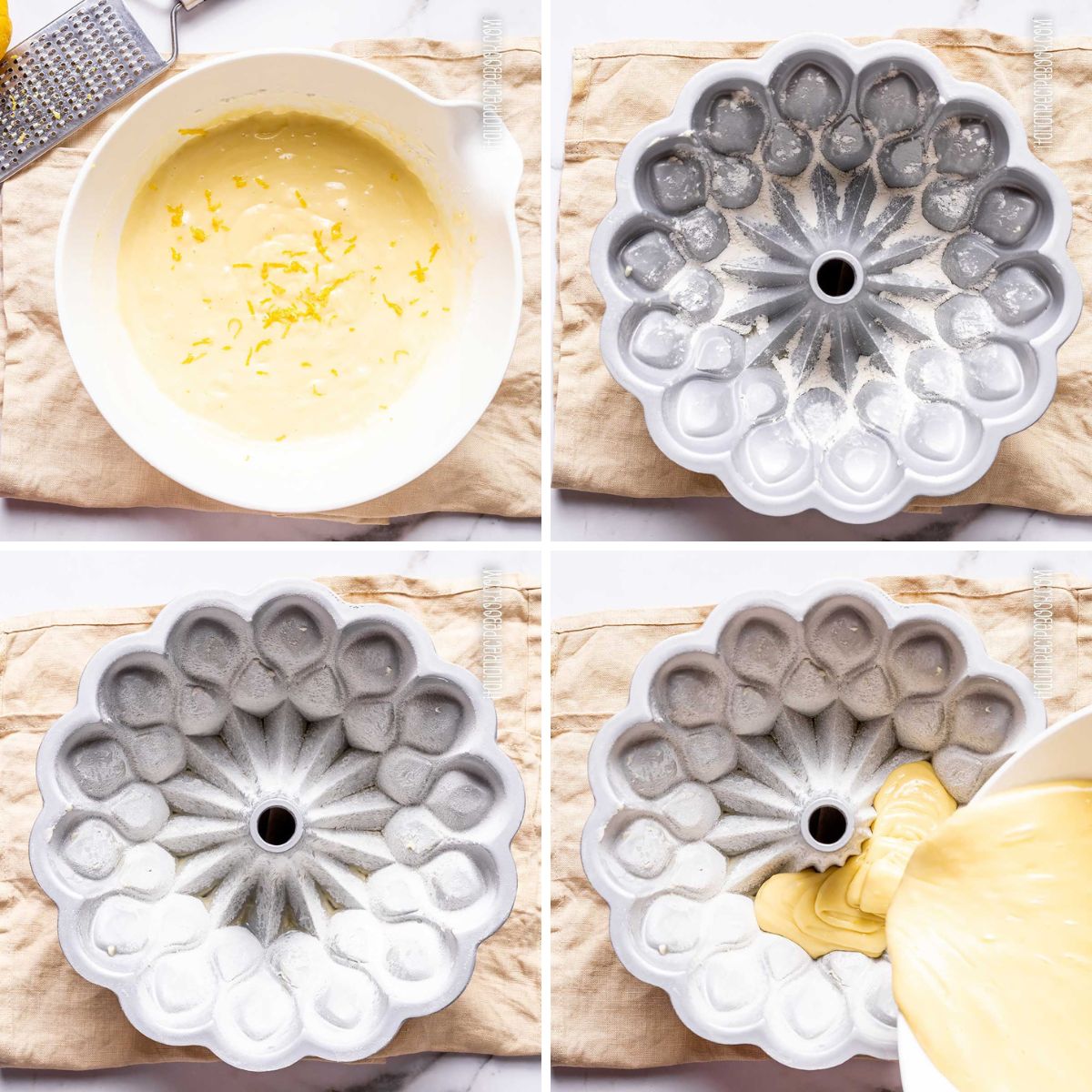 preparing bundt cake pan and pouring the batter