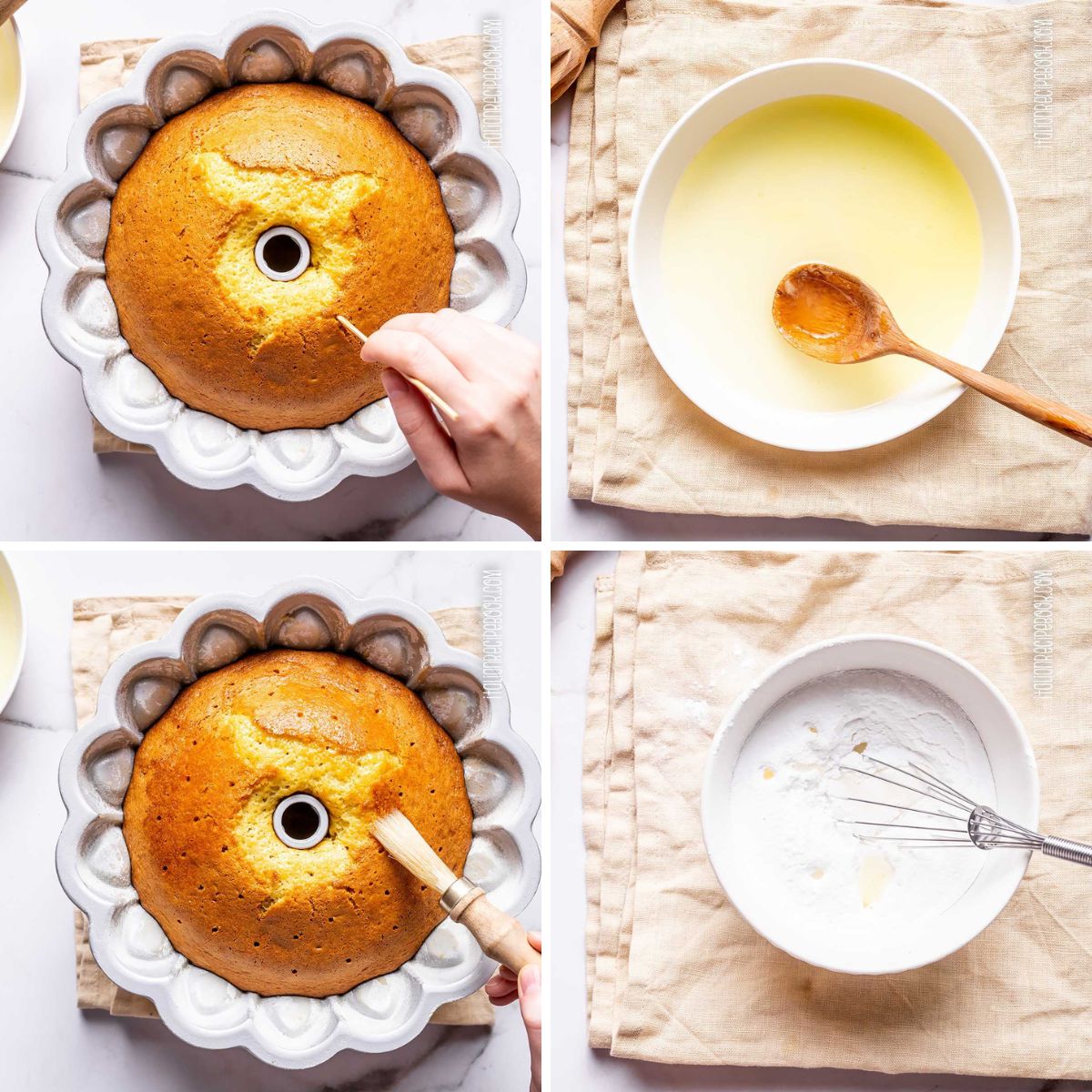 brushing limoncello cake with syrup