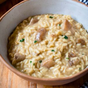 Creamy porcini mushroom risotto in a bowl.