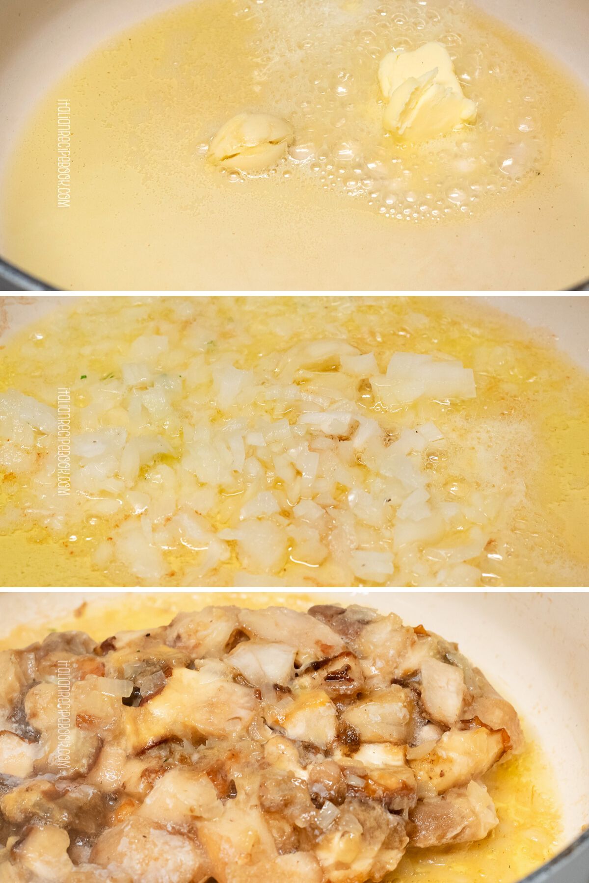 Sauteeing butter, onion and mushrooms.