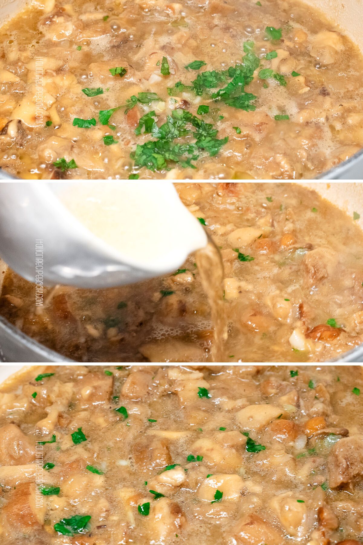 adding white wine and parsley to the mushrooms