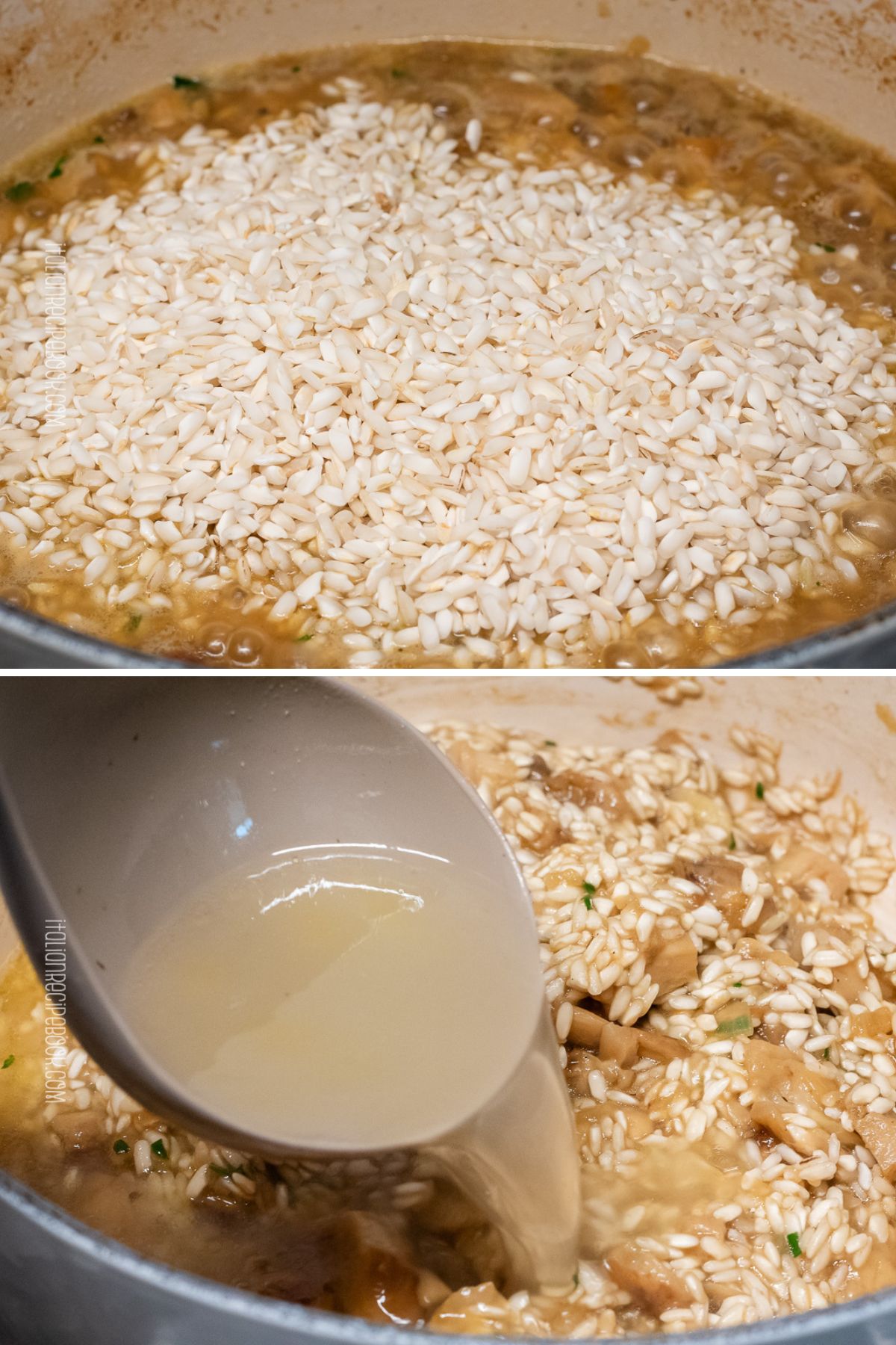 Adding rice and broth to the pot.