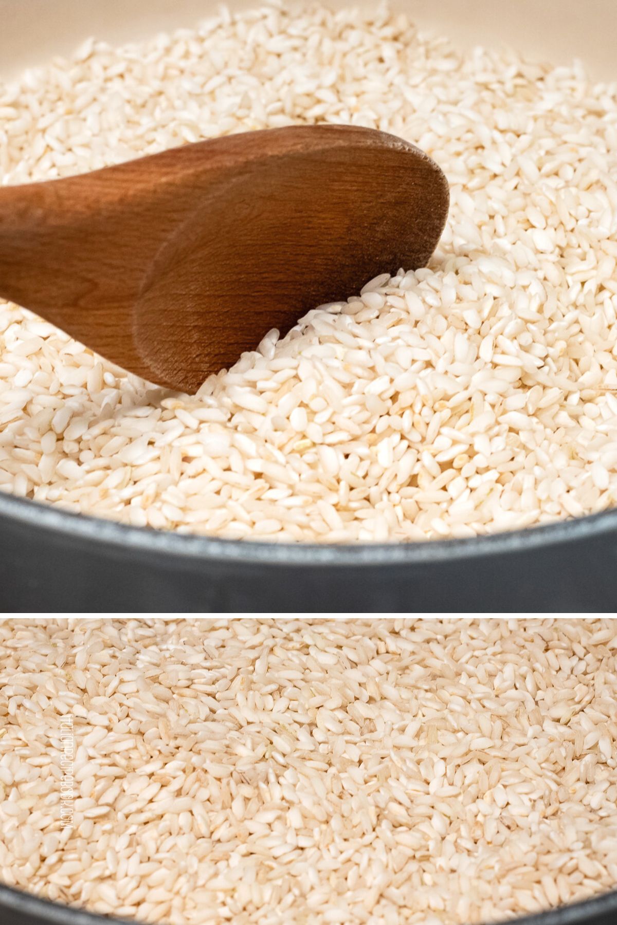 Toasting risotto rice in a pot.