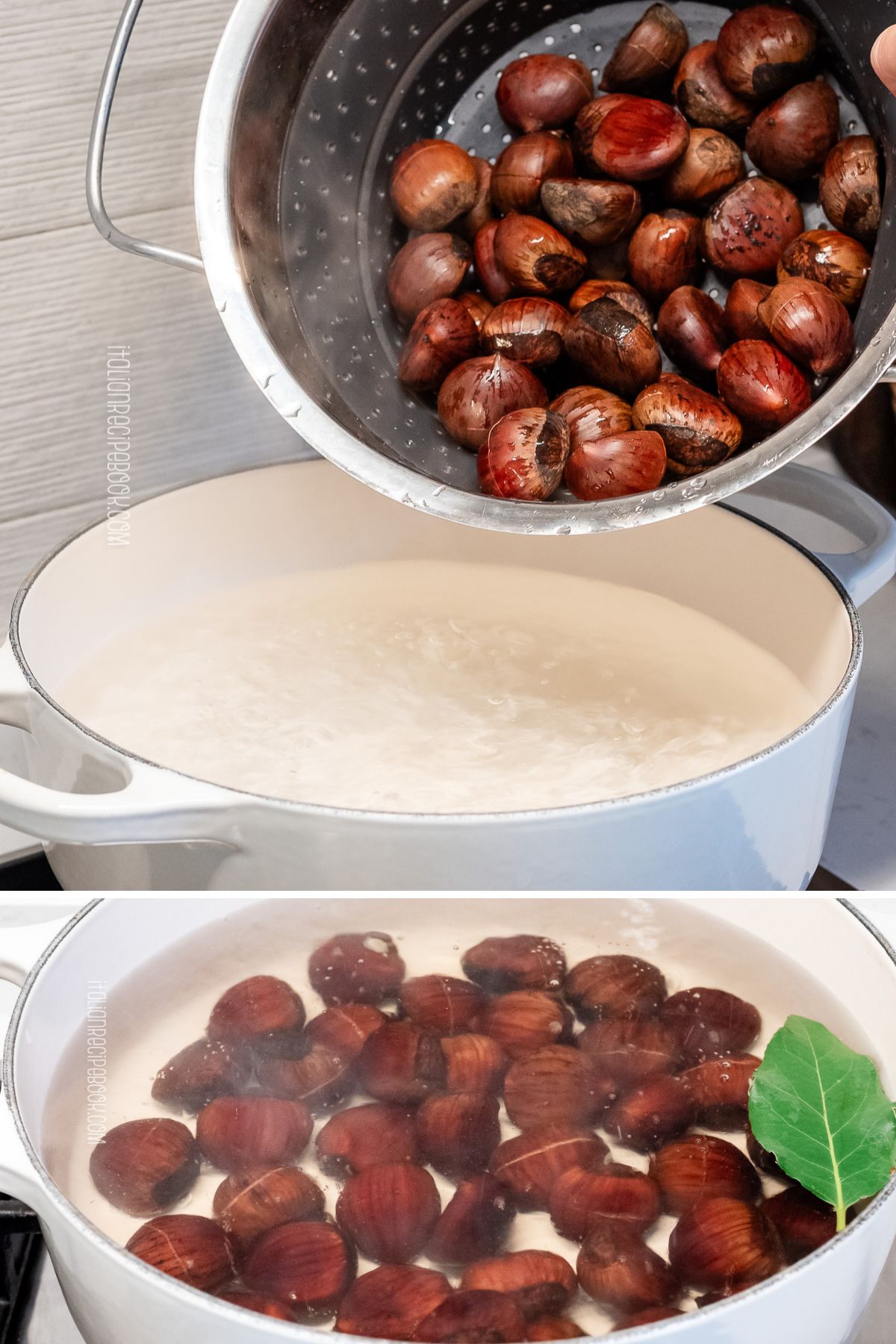 drop scored chestnuts in boiling water