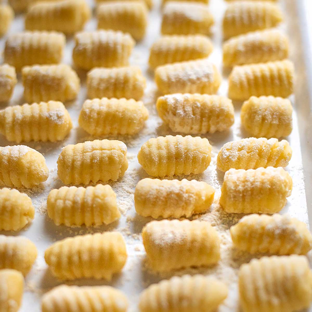 Potato gnocchi on a tray close up view.