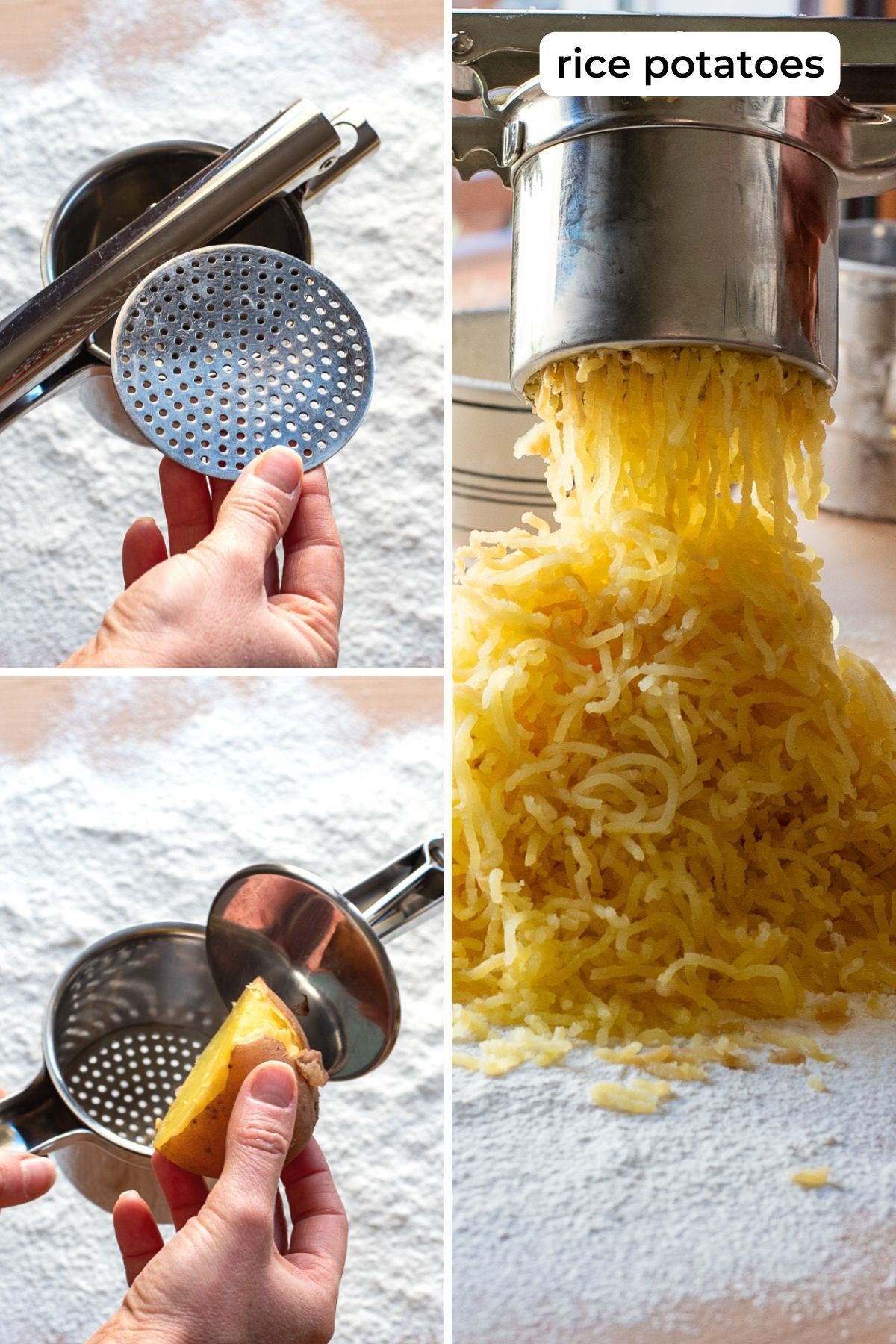 Passing potatoes through a potato ricer.