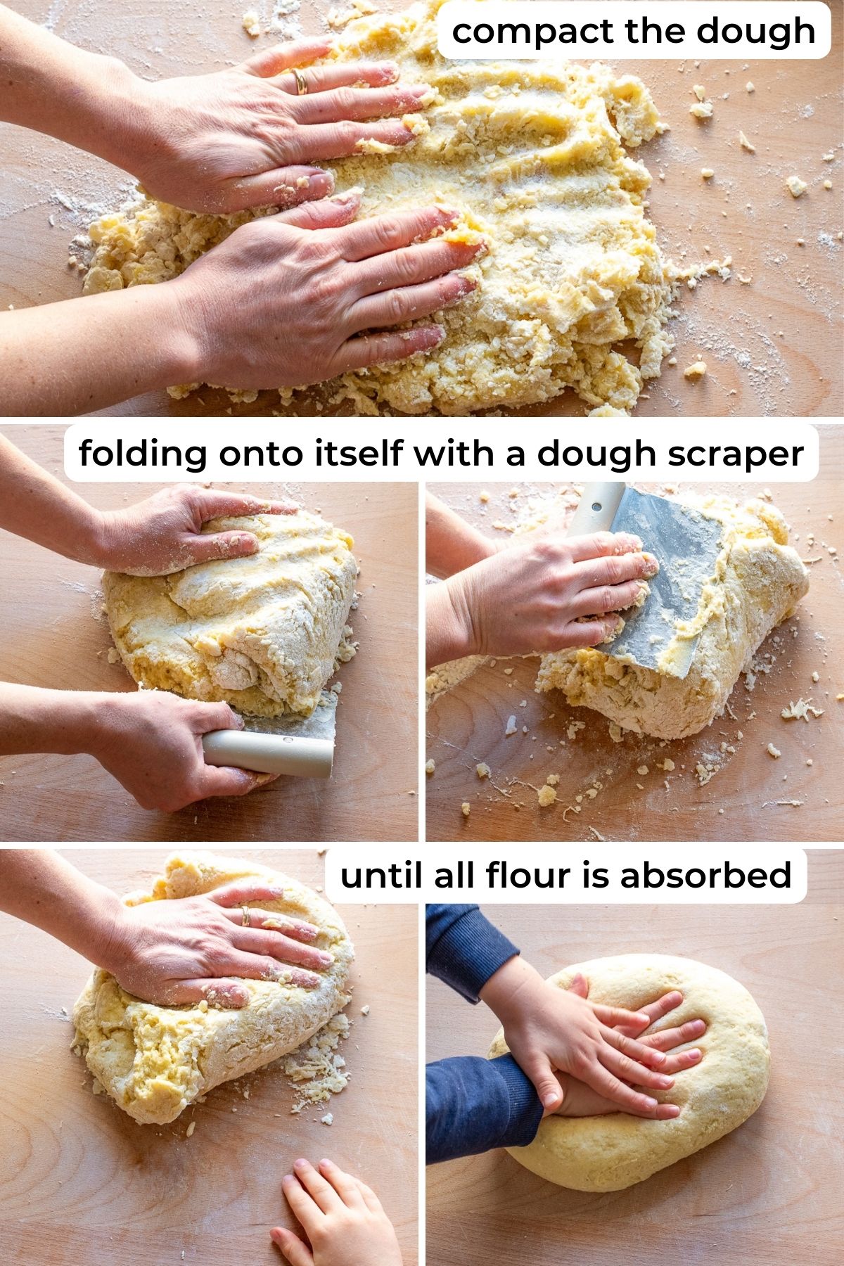 Compacting the dough together using hands and a dough scraper.