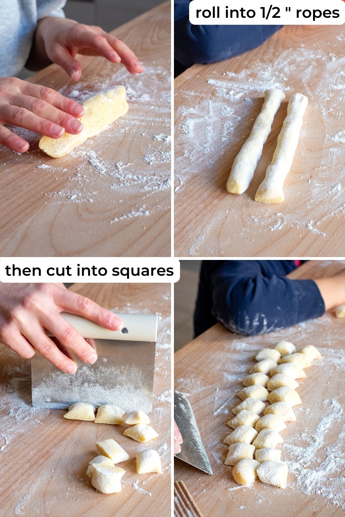 Rolling out gnocchi dough and cutting into pillows.