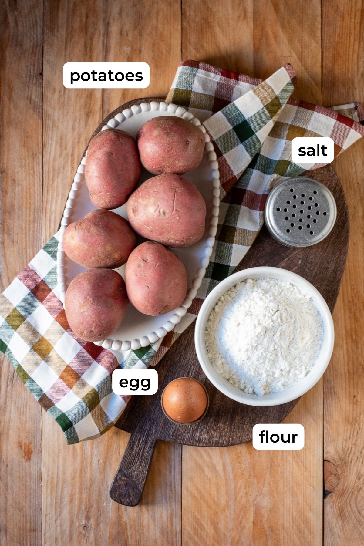 Ingredients for potato gnocchi from scratch.