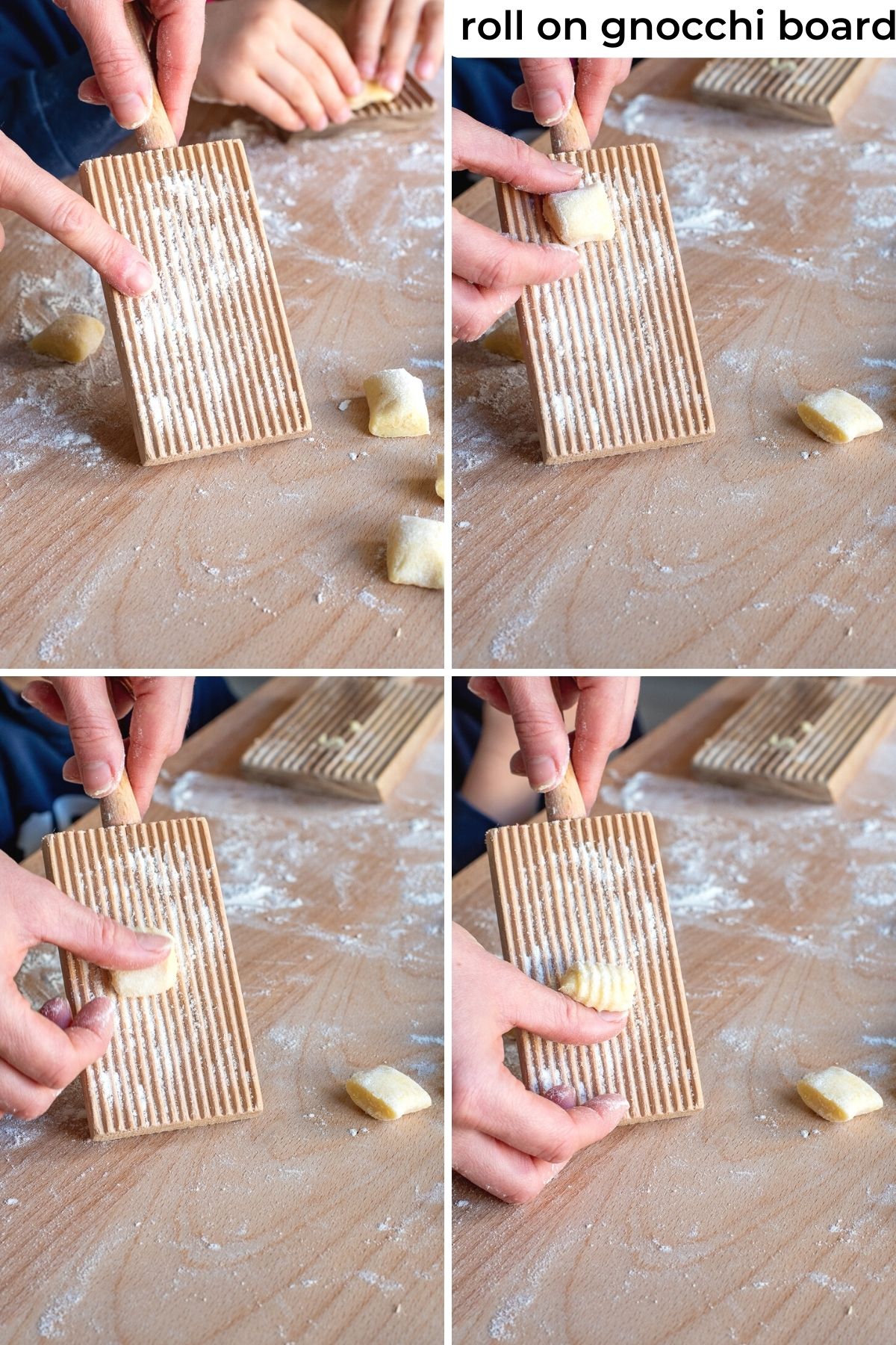 Shaping gnocchi using gnocchi board.