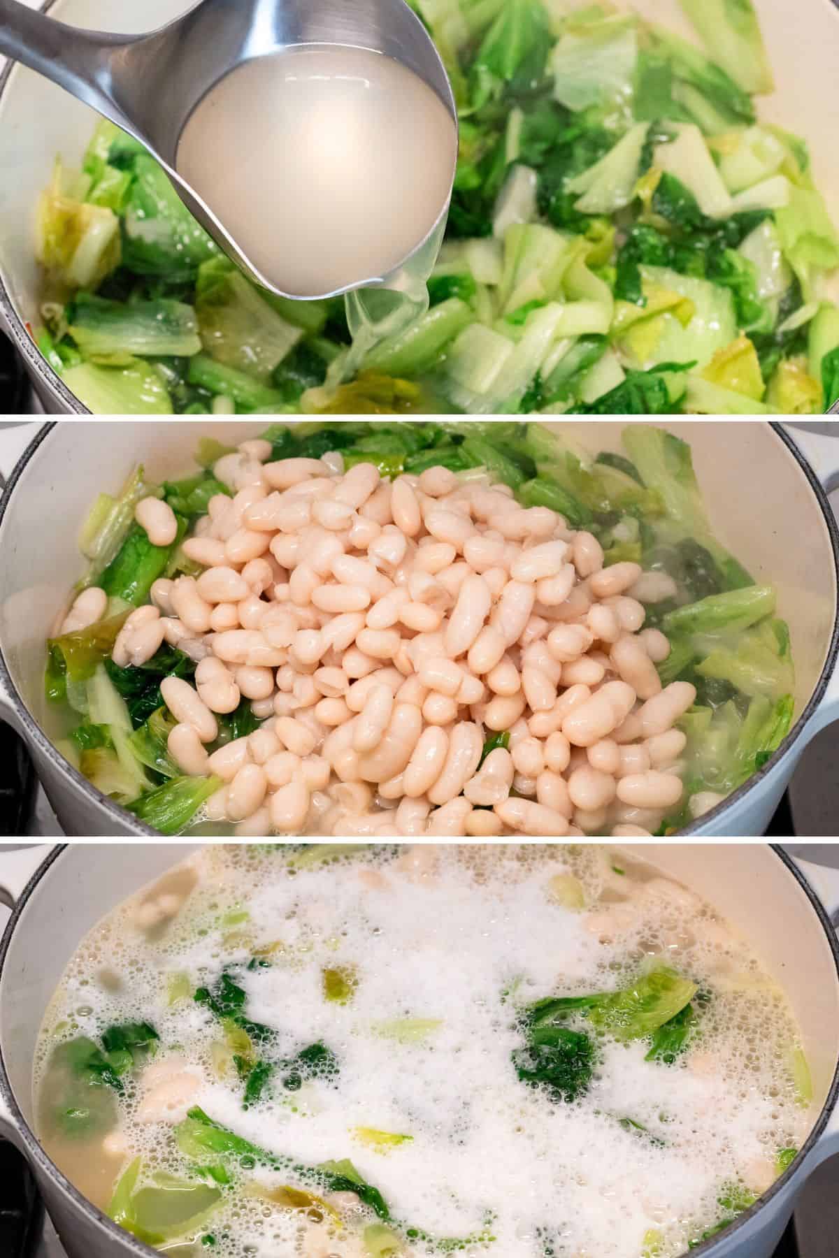 Adding beans to the pot.
