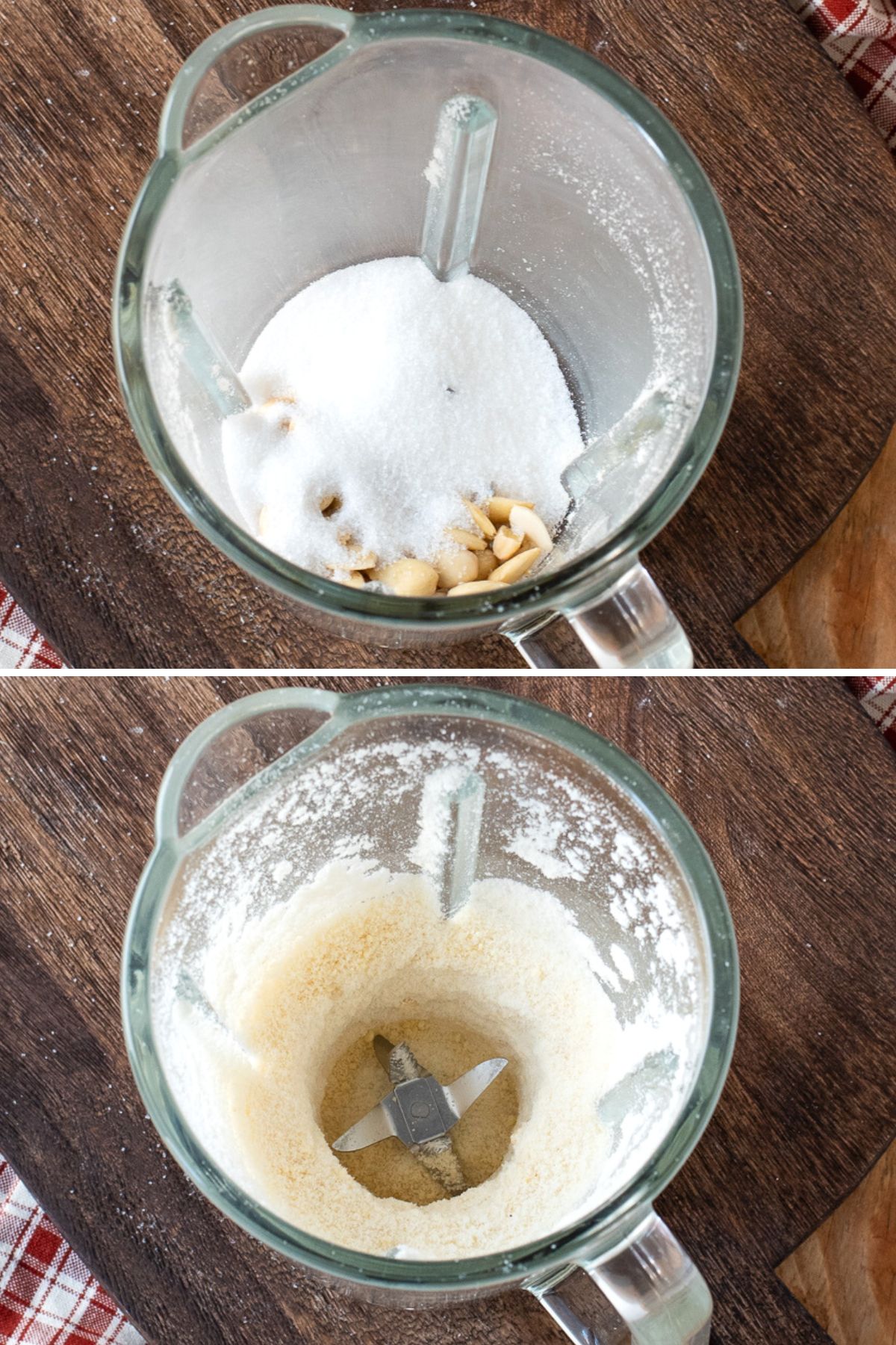 grinding almonds and sugar in a food processor