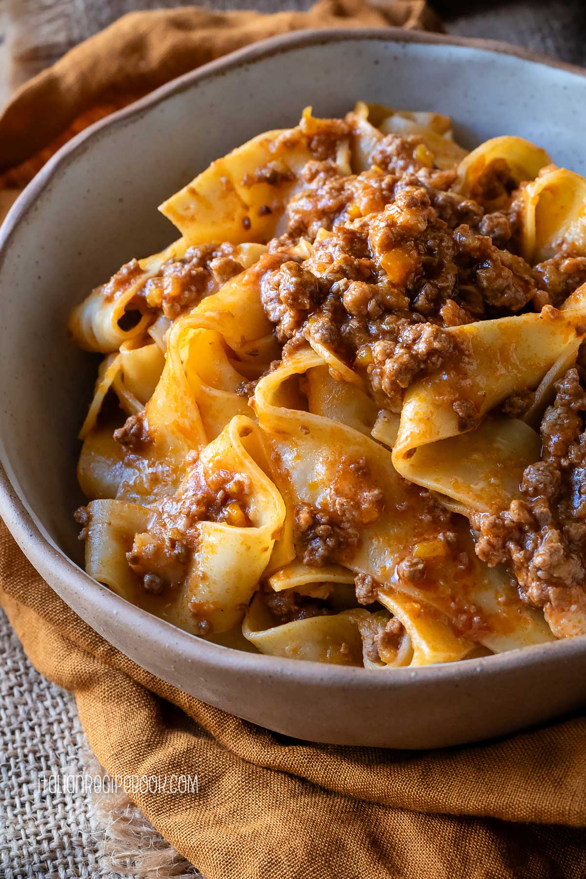 pappardelle alla bolognese in a bowl