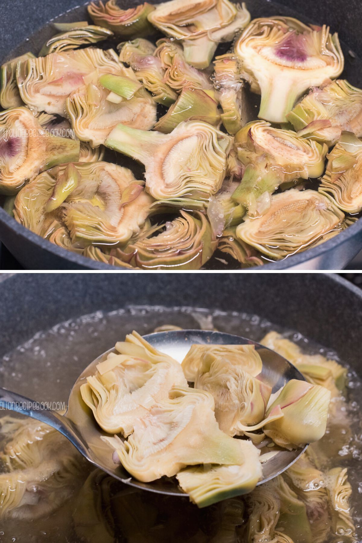 Parboiling sliced artichokes.