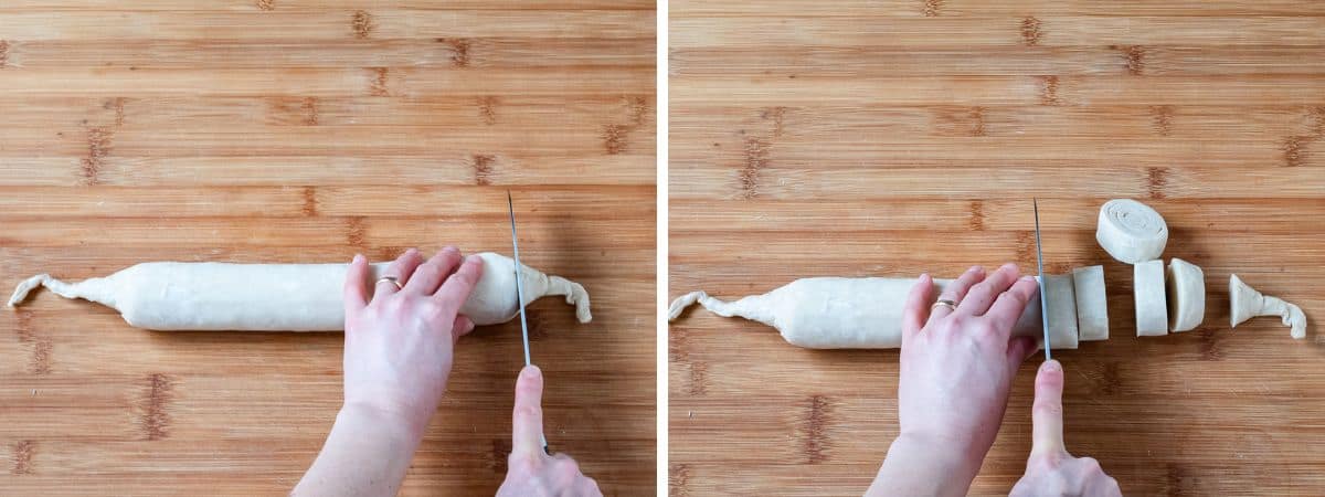 Cutting the dough log into disks.