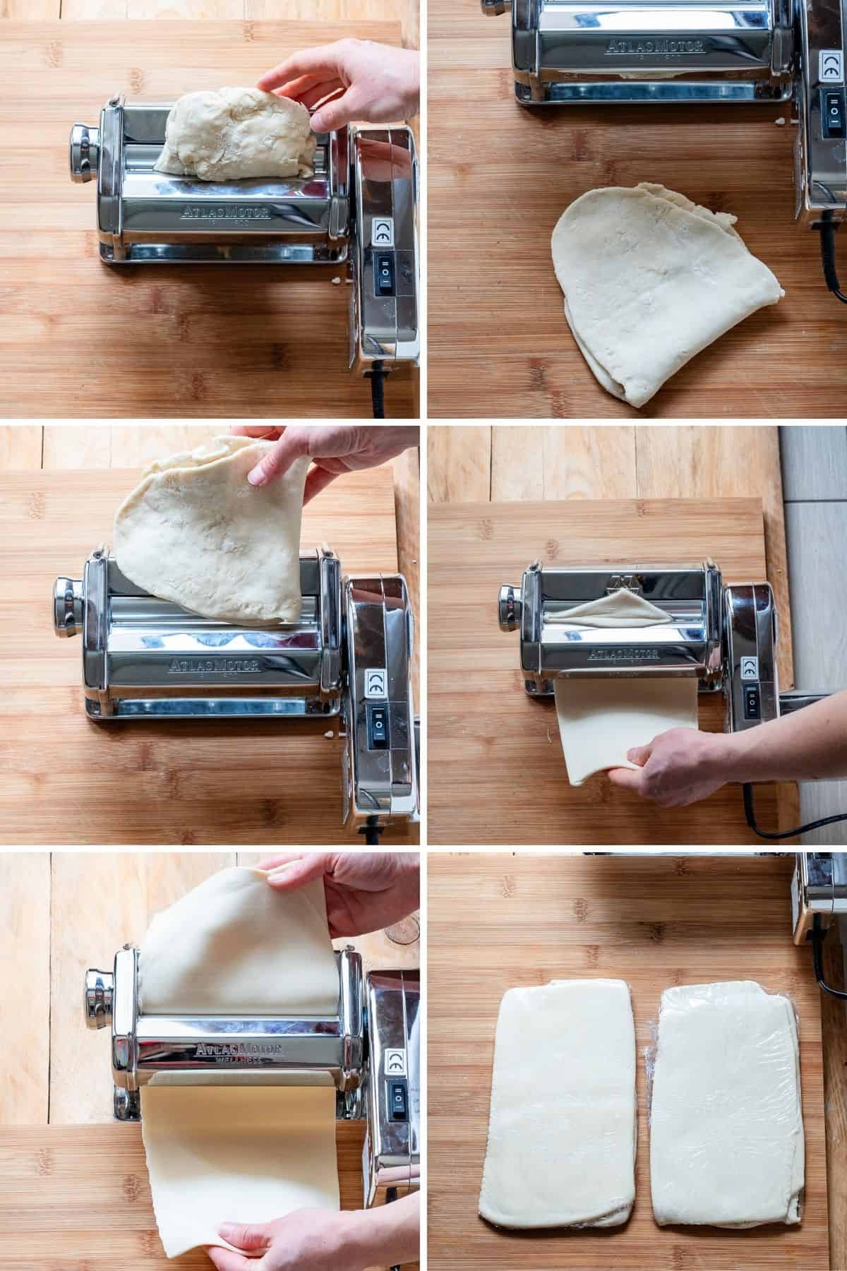Rolling sfogliatelle dough with a pasta machine.
