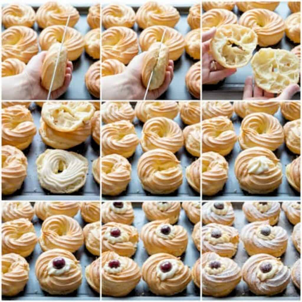 The step-by-step process of assembling zeppole.