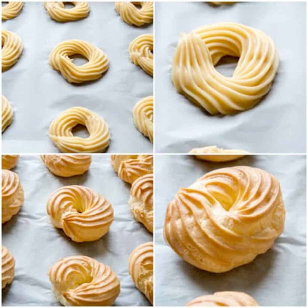 Zeppole shells before and after baking.