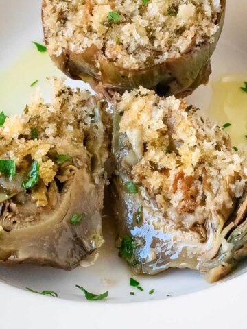 Italian Stuffed Artichokes, close up view.