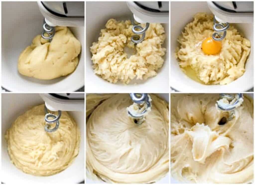 Adding eggs and finishing choux pastry dough.