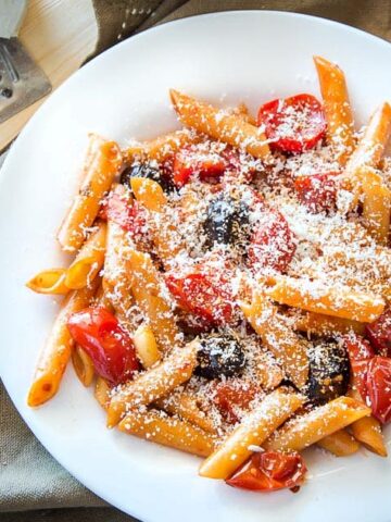 Penne Pasta with Roasted Cherry Tomatoes & Black Olives