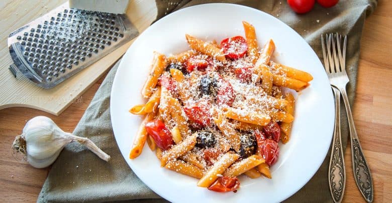 Penne Pasta with Roasted Cherry Tomatoes & Black Olives