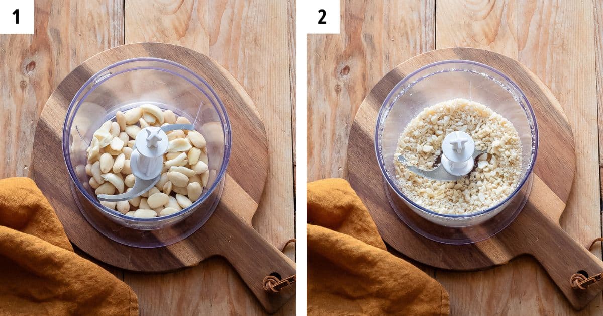 Almonds and garlic in a food processor.