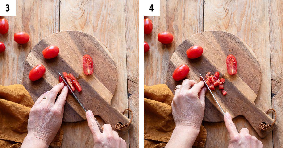 Cutting tomatoes into small cubes.