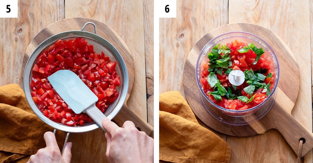 Draining tomatoes and adding to the food processor along with basil leaves.